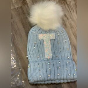 Kids Blue Knit Beanie with White Pom Pom ‘T’